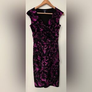 CHAPS black and purple sleeveless comfortable crossover midi dress ruched waist
